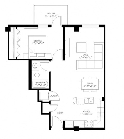 Floor plan for 1 bed, 1 bath, 694 sqft